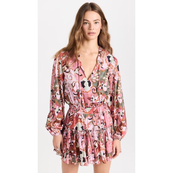 MISA LORENA BATIK PRINT COTTON BLEND MINI DRESS RUCHED WAIST RUFFLE TRIM SZ XS - Picture 1 of 10